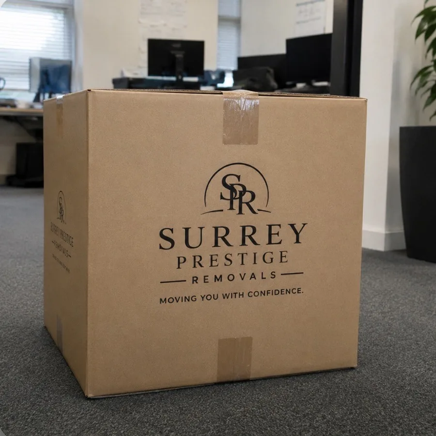 Branded Surrey Prestige Removals moving box ready for packing
